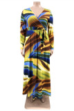 Blauwe mode casual print patchwork v-hals lange mouw plus size jurken