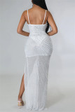 ホワイト ファッション セクシー パッチワーク ホット ドリル バックレス スリット スパゲッティ ストラップ イブニング ドレス