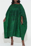Groene mode casual plus size print patchwork O-hals jurk met korte mouwen