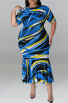 Blauwe mode casual print patchwork O-hals jurk met korte mouwen Grote maten jurken