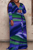 Blauwe mode casual print patchwork v-hals lange mouw plus size jurken