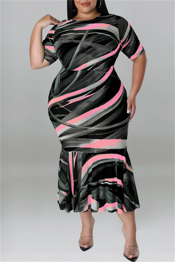 Schwarzes, modisches, lässiges Patchwork-Kleid mit O-Ausschnitt, kurzen Ärmeln, Kleider in Übergröße