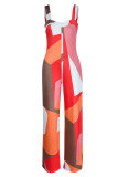 オレンジ カジュアル プリント パッチワーク スパゲッティ ストラップ ストレート ジャンプスーツ