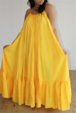 グラスイエローセクシーカジュアルソリッドバックレススパゲッティストラップルーズスリングドレス