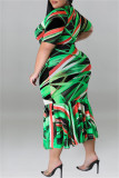 Зеленое модное повседневное платье с принтом в стиле пэчворк с круглым вырезом и коротким рукавом Платья больших размеров