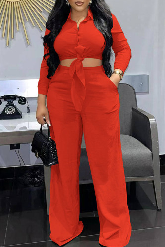 Orange Red Fashion Casual Solid Bandage Turndown Collar Long Sleeve Two Pieces