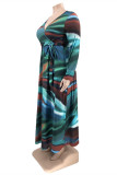 ブルーファッションカジュアルプリントパッチワークVネック長袖プラスサイズのドレス