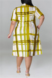 Gele Mode Casual Plus Size Plaid Print Patchwork Turndown Kraag Shirt Jurk