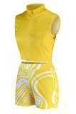 Colletto con cerniera patchwork con stampa sexy giallo senza maniche in due pezzi