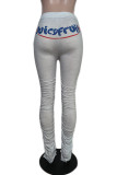 Weiß Grau Fashion Casual Letter Print Fold Skinny Hohe Taille Pencil Positioning Print Bottoms