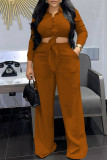オレンジレッドファッションカジュアルソリッド包帯ターンダウンカラー長袖ツーピース
