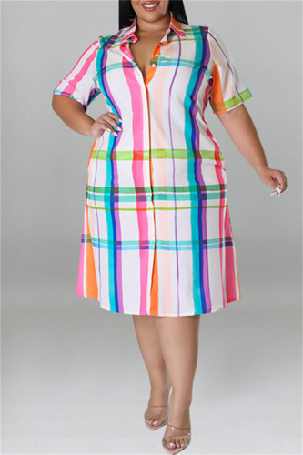 レッドファッションカジュアルプラスサイズチェック柄プリントパッチワークターンダウンカラーシャツドレス