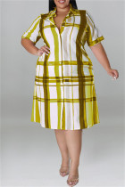 Robe chemise col rabattu patchwork imprimé à carreaux mode décontractée grande taille jaune