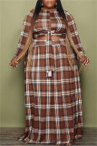 Red Fashion Casual Plaid Print Patchwork O Neck Plus Size Two Pieces