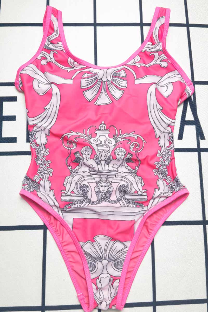 

Pink Fashion Sexy Print Backless Swimwears