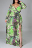 Green Fashion Casual Print Patchwork Frenulum Slit V Neck Long Sleeve Plus Size Dresses