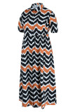 Apricot Casual Striped Print Patchwork Buckle Turndown Collar A Line Plus Size Dresses(Without Belt)