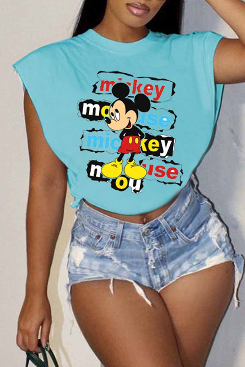 

Baby Blue Fashion Street Character Letter O Neck T-Shirts