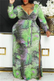 グリーンファッションカジュアルプリントパッチワーク小帯スリットVネック長袖プラスサイズのドレス