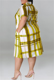 Gele Mode Casual Plus Size Plaid Print Patchwork Turndown Kraag Shirt Jurk