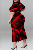 Robe à manches courtes à col rond et imprimé patchwork à la mode rouge Robes de grande taille