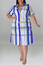 ブルーファッションカジュアルプラスサイズチェック柄プリントパッチワークターンダウンカラーシャツドレス