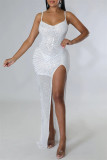 Mode blanche Sexy Patchwork Hot Drilling Backless Slit Spaghetti Strap Robe de soirée