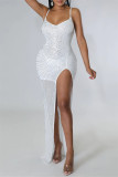 Mode blanche Sexy Patchwork Hot Drilling Backless Slit Spaghetti Strap Robe de soirée