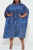 Vestido azul fashion casual plus size estampa patchwork gola oco manga curta