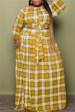 Amarelo Moda Casual Impressão Manta Patchwork O Decote Plus Size Duas Peças