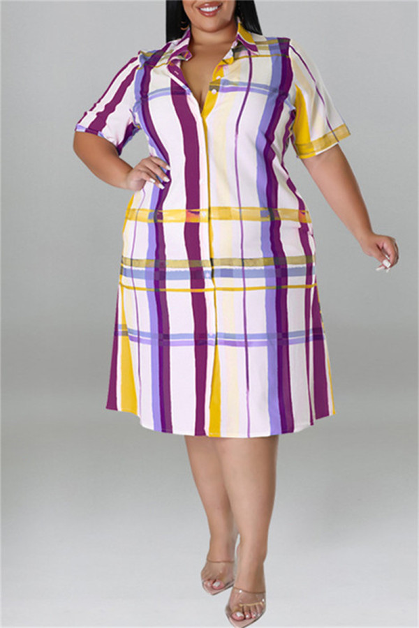 Фиолетовое модное повседневное платье-рубашка в клетку большого размера с отложным воротником и пэчворком больших размеров