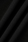 ブラックカジュアルストリートソリッドパッチワーク斜め襟半袖ツーピース