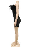 Black Fashion Sexy Patchwork See-through Feathers Backless Strapless Sleeveless Two Pieces