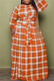 Оранжевый модный повседневный клетчатый принт в стиле пэчворк с круглым вырезом плюс размер из двух частей