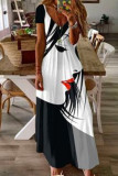 Черное модное повседневное платье в стиле пэчворк с V-образным вырезом и коротким рукавом