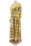 Yellow Fashion Casual Plaid Print Patchwork O Neck Plus Size Two Pieces