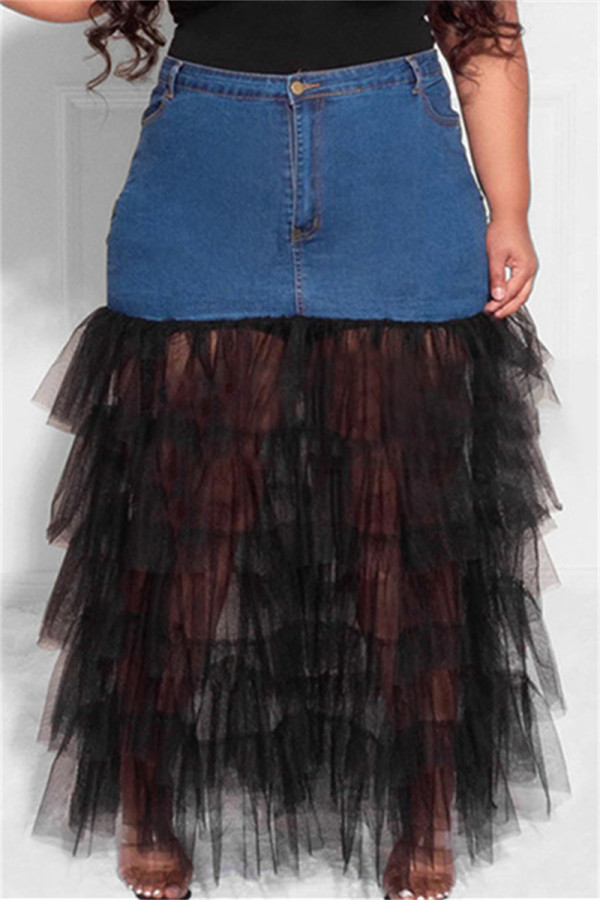 Черные модные повседневные лоскутные прозрачные юбки с высокой талией и обычной талией