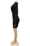 レッド ファッション セクシー カジュアル ソリッド パッチワーク フォールド V ネック ロング スリーブ ドレス