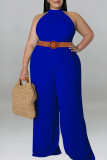 Blue Casual Solid Patchwork O Neck Plus Size Jumpsuits