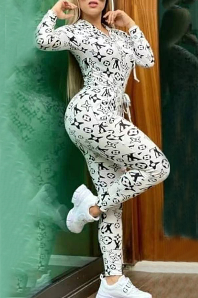 

White Fashion Casual Print Patchwork Hooded Collar Jumpsuits