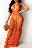 Orange Mode Sexig Solid Bandage Genomskinlig Rygglös Grimma Ärmlösa klänningar