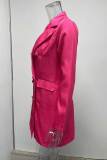Розово-красная повседневная однотонная лоскутная верхняя одежда с воротником с отложным воротником и пряжкой