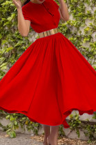 Fivela de patchwork sólido casual vermelho com cinto O pescoço uma linha vestidos (contém o cinto)