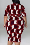ブルゴーニュカジュアルプリントパッチワークVネックワンステップスカートプラスサイズのドレス