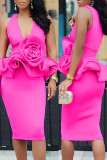 Розово-красные знаменитости Элегантные однотонные лоскутные платья-юбки с V-образным вырезом и воланами