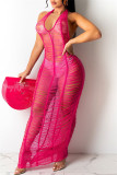 Розово-красное модное сексуальное сплошное бинтовое прозрачное платье без рукавов с открытой спиной и лямкой на шее