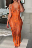 オレンジ色のファッションセクシーな固体包帯シースルーバックレスホルターノースリーブドレスドレス