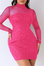 Rose Red Mode Sexiga Patchwork Paljetter Genomskinliga turtleneck långärmade klänningar