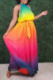 Цвет мода постепенное изменение лоскутное платье с лямкой через шею платье в сеточку платья