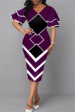 Фиолетовые модные повседневные платья с принтом в стиле пэчворк и V-образным вырезом